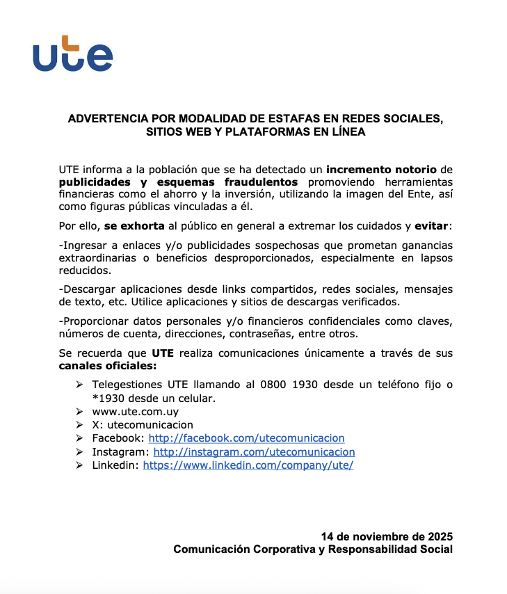 ADVERTENCIA POR MODALIDAD DE ESTAFAS EN REDES SOCIALES, SITIOS WEB Y PLATAFORMAS EN LÍNEA